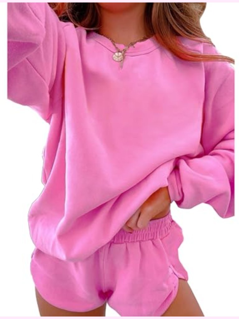 Women's 2 Piece Sweatsuit Set Long Sleeve Pullover Shorts Casual Tracksuit